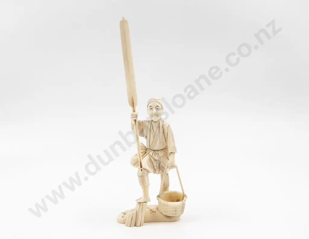 Signed Carved Ivory Sectional Figure of A Fisherman Holding Oar & Bucket Image 1++
