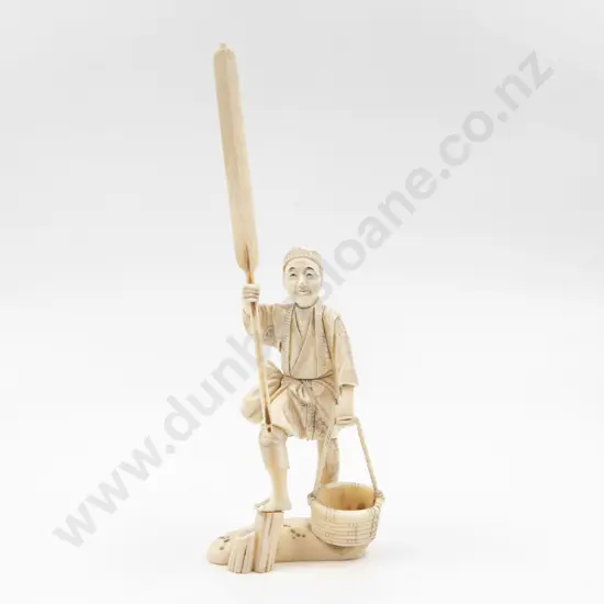 Signed Carved Ivory Sectional Figure of A Fisherman Holding Oar & Bucket