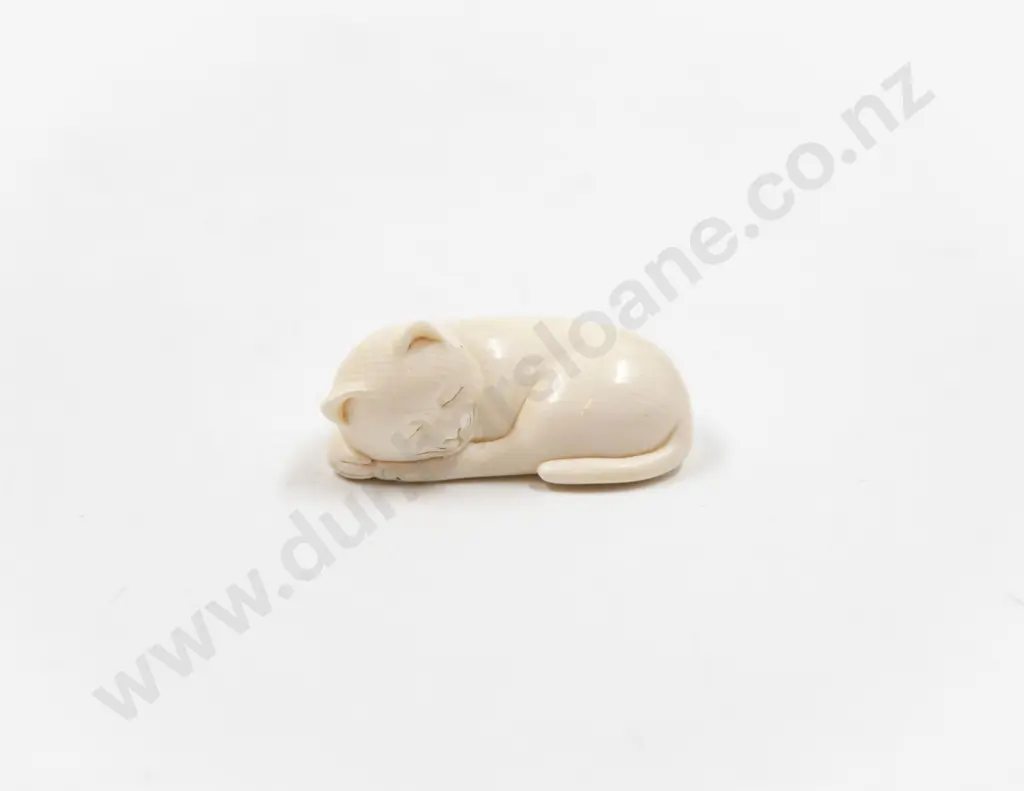 Signed Ivory Netsuke of a Sleeping Cat Image 1++