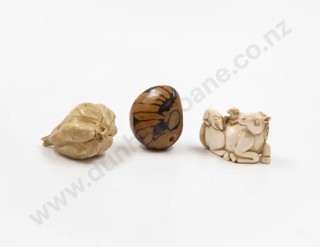 Signed Ivory Netsuke of a Reclining Horse with Rats and Two Vegetable Nut Netsuke Image 1++