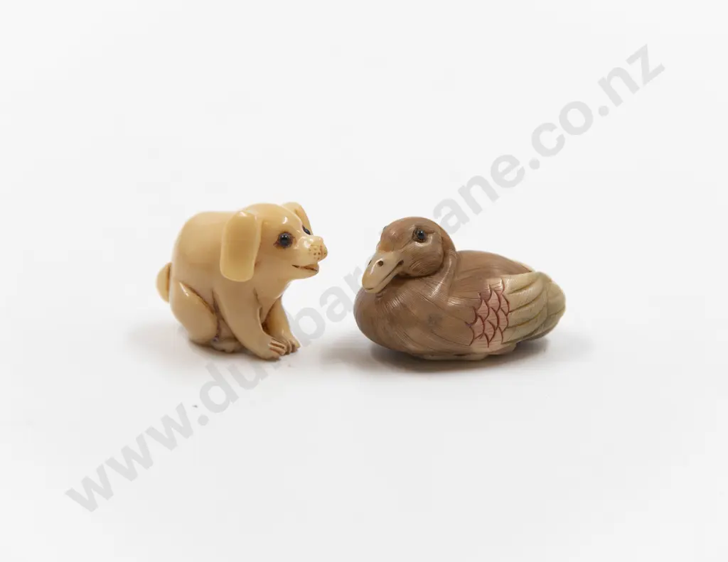 Two SIgned Vegetable Ivory Netsuke of Pig and Duck Image 1++