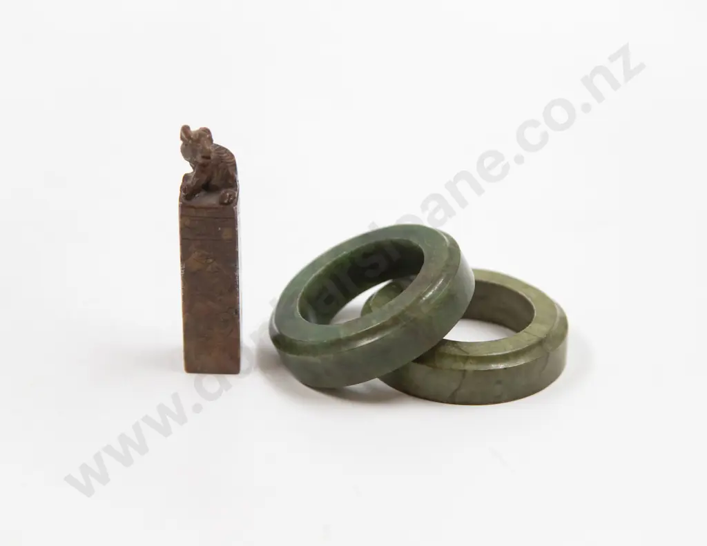 Two Jade Rings and Small Soapstone Chop Image 1++