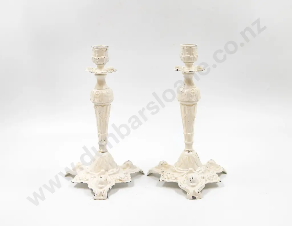 Pair Italian White Painted Metal Silver Shape Candlesticks Image 1++