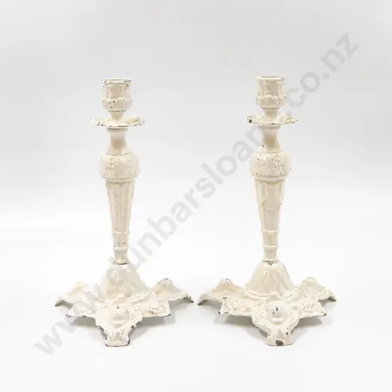 Pair Italian White Painted Metal Silver Shape Candlesticks