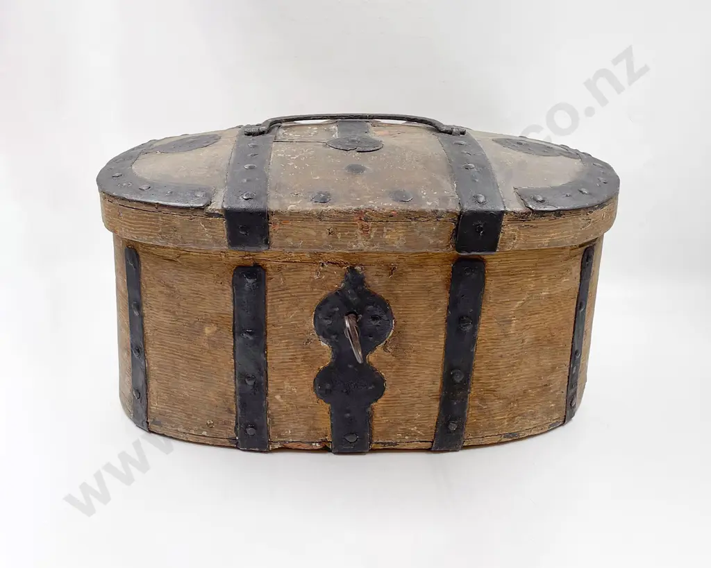 C19th Swedish Wood Iron Bound Carriage Box with Original Lock and Key Image 1++
