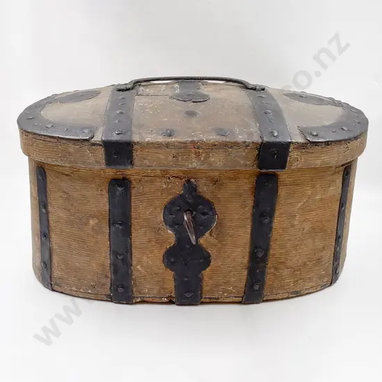 C19th Swedish Wood Iron Bound Carriage Box with Original Lock and Key