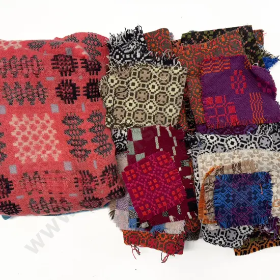 Quantity of Welsh Woollen Blanket Patchwork Squares and Partial Blankets with Wool Wall Hanging