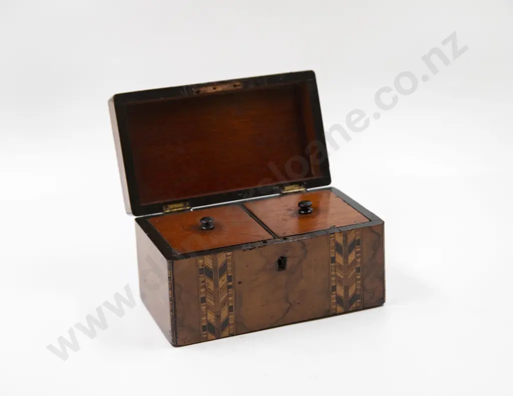 Victorian Walnut Marquetry Inlaid Two Section Tea Caddy Image 1++