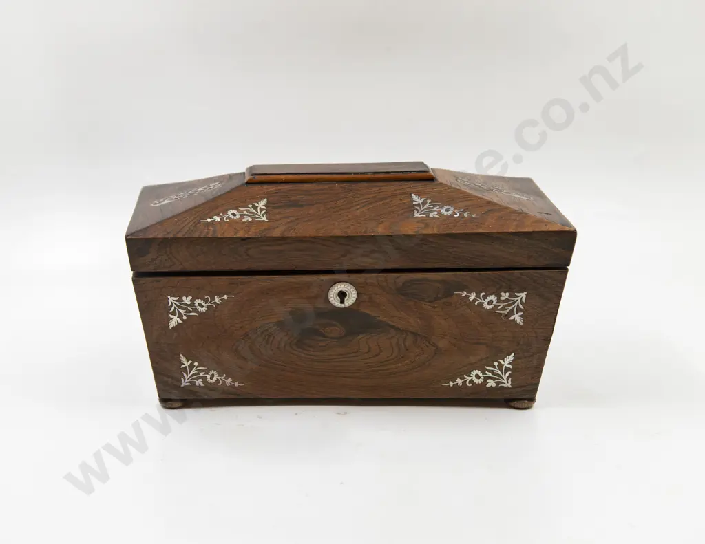 Early Victorian Rosewood MOP Inlaid Tea Caddy Image 1++