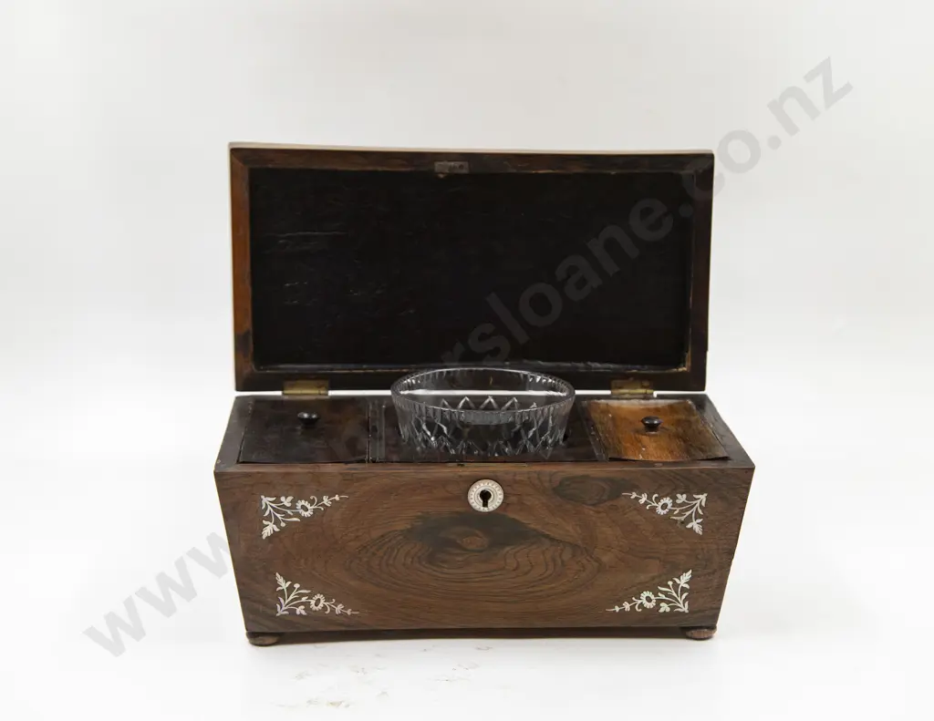 Early Victorian Rosewood MOP Inlaid Tea Caddy Image 1++