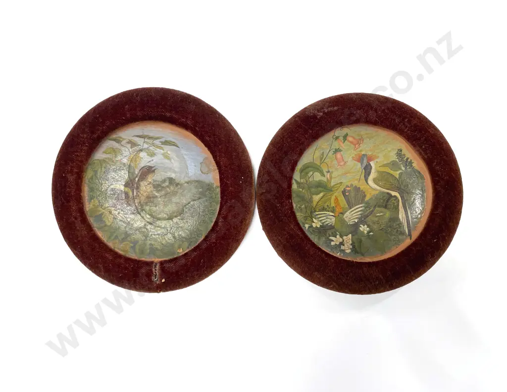 Pair Victorian Painted Terracotta Plates in Original Velvet Frames Image 1++