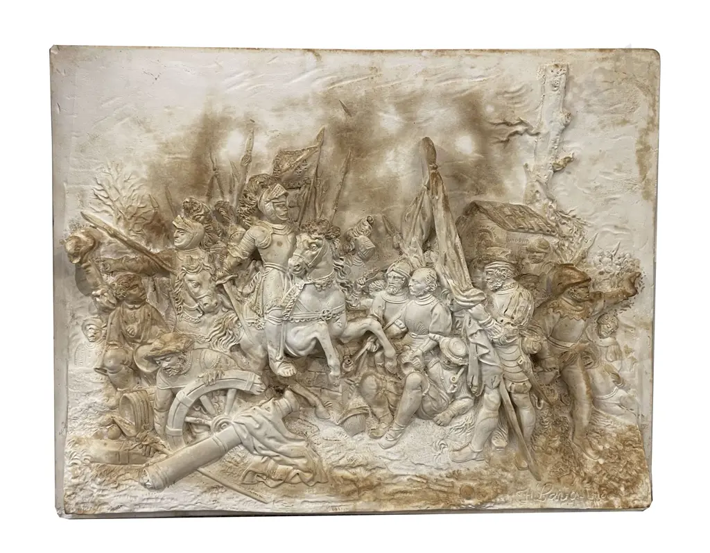 Antique Plaster High Relief Panel Depicting Medieval Scene Image 1++