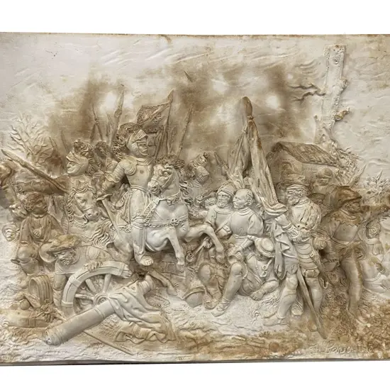 Antique Plaster High Relief Panel Depicting Medieval Scene