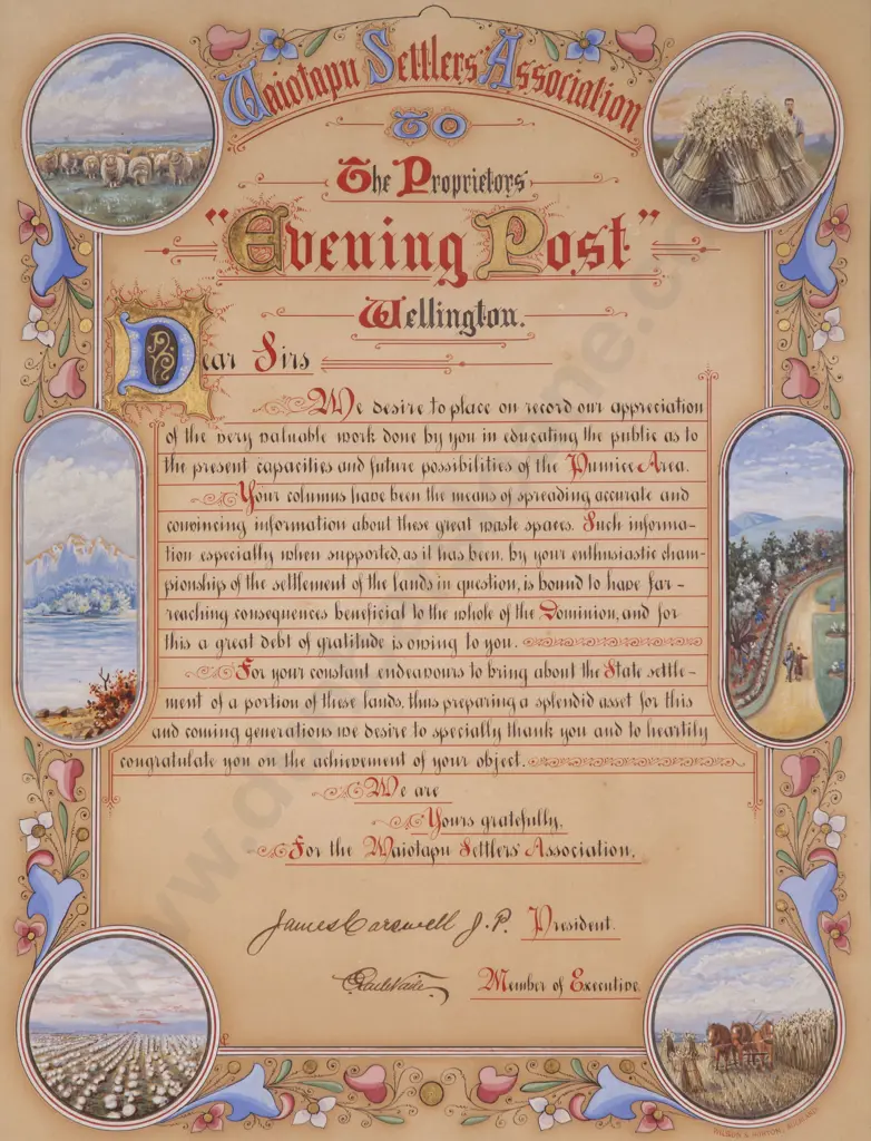 C1919 Illuminated Address from the Waiotapu Settlers Association to The Evening Post Image 1++