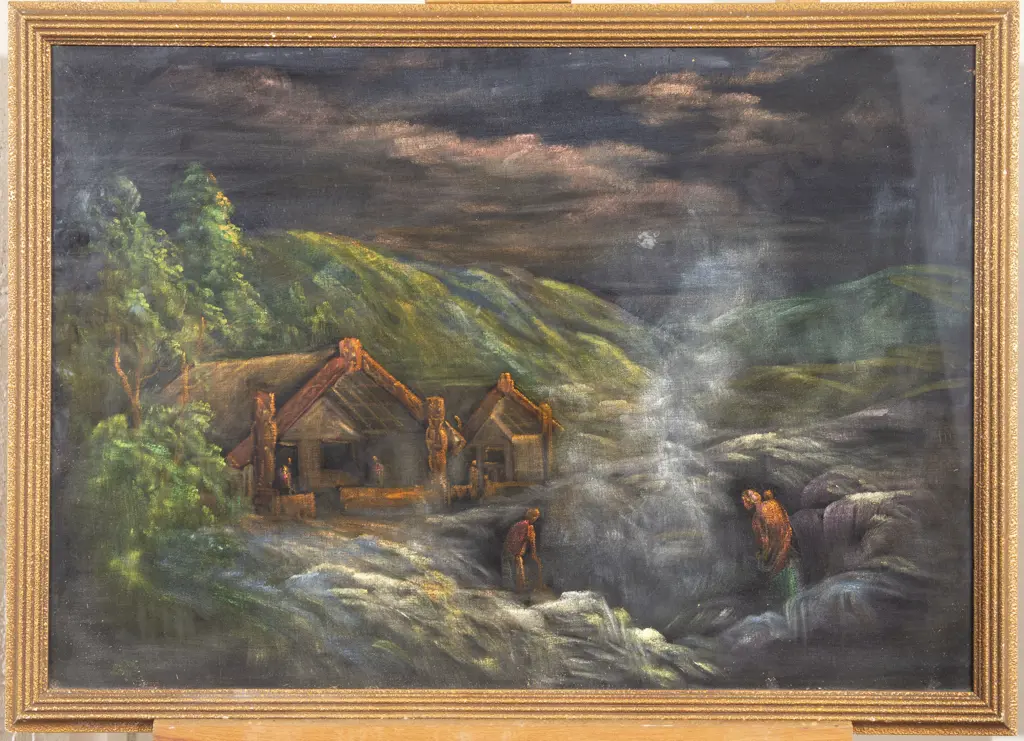 C1920s Oil on Velvet Painting of A Pa at Kaiwharawhara Image 1++