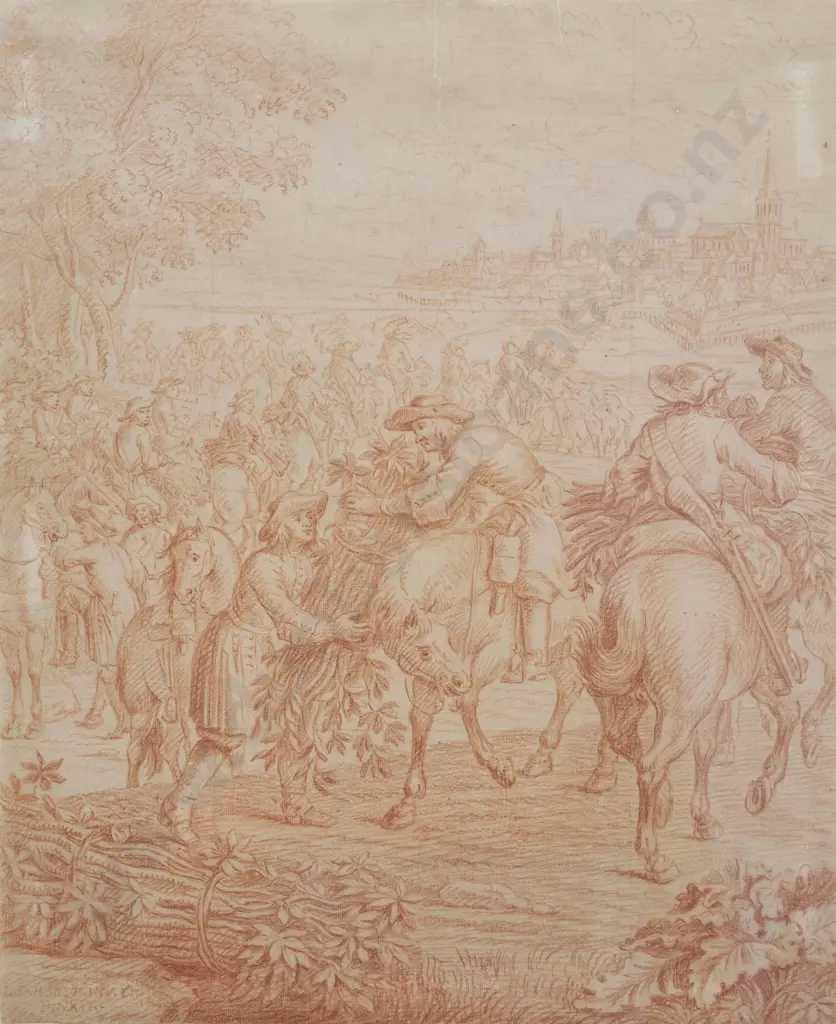 C18th Conté on Paper Drawing of a Procession Image 1++