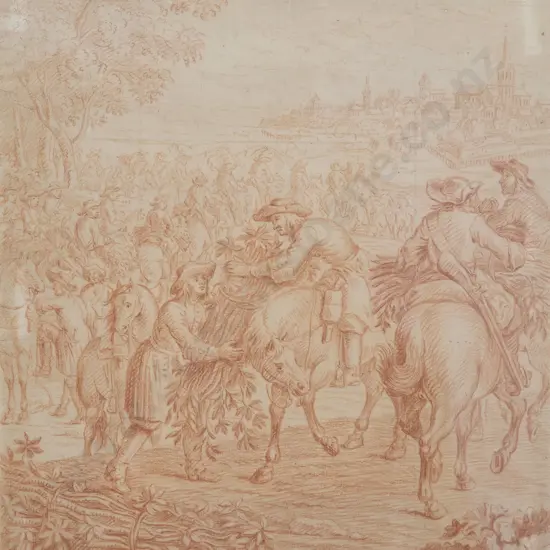 C18th Conté on Paper Drawing of a Procession