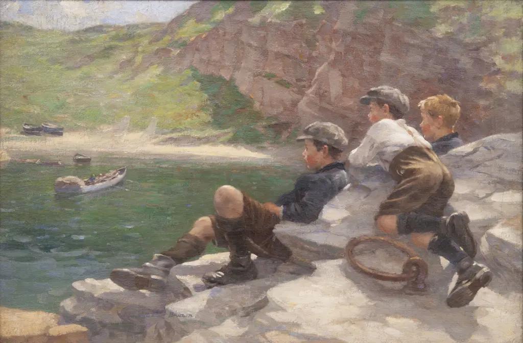 William Marshall Brown (Scottish 1863 - 1936) - Boys At Cove Harbour (Scotland) Image 1++