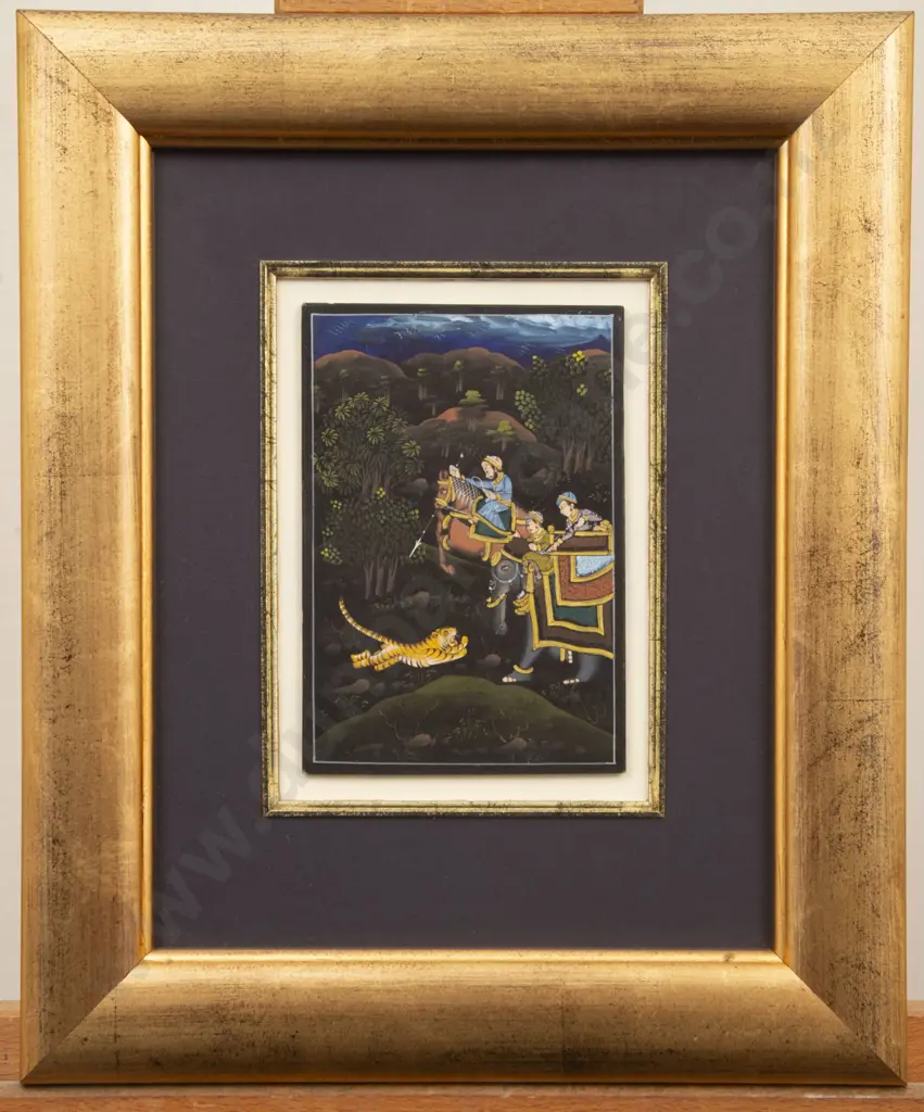 Mughal School Gouache on Panel Hunting Scene Image 1++