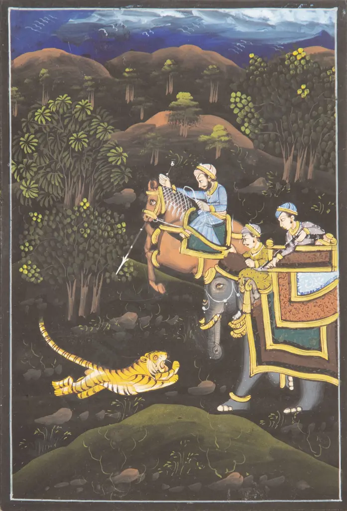 Mughal School Gouache on Panel Hunting Scene Image 1++