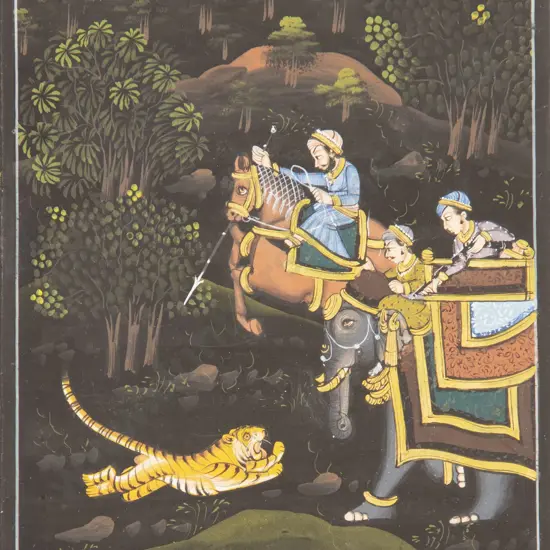 Mughal School Gouache on Panel Hunting Scene