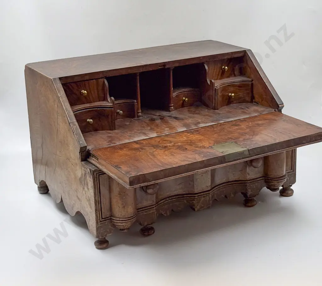 C18th Miniature European Walnut & Feather Banded Bureau Image 1++