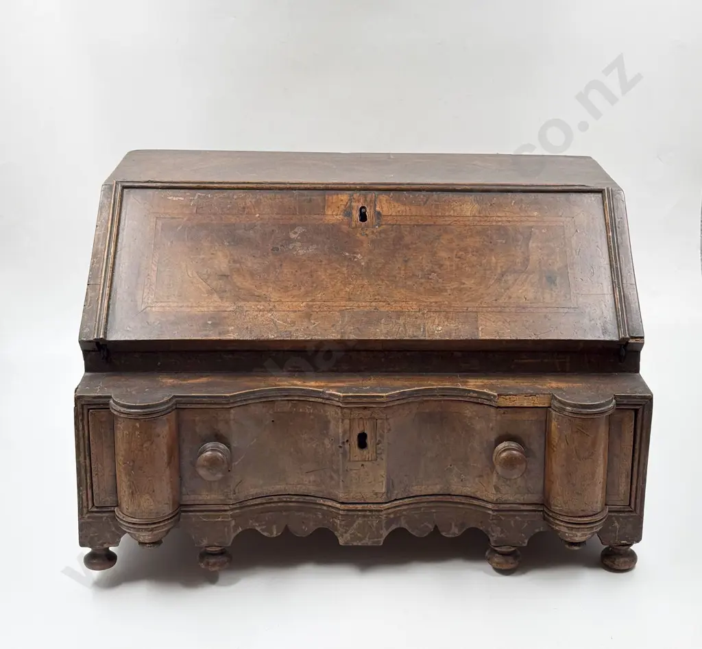 C18th Miniature European Walnut & Feather Banded Bureau Image 1++