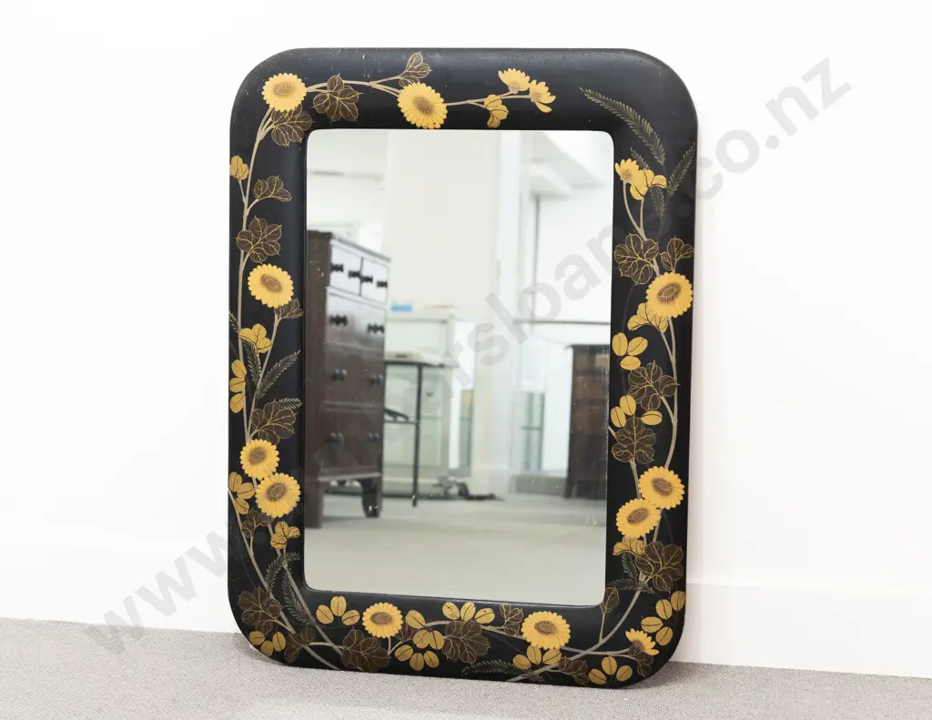 C20th Japanese Black Lacquered & Floral Decorated Wall Mirror Image 1++