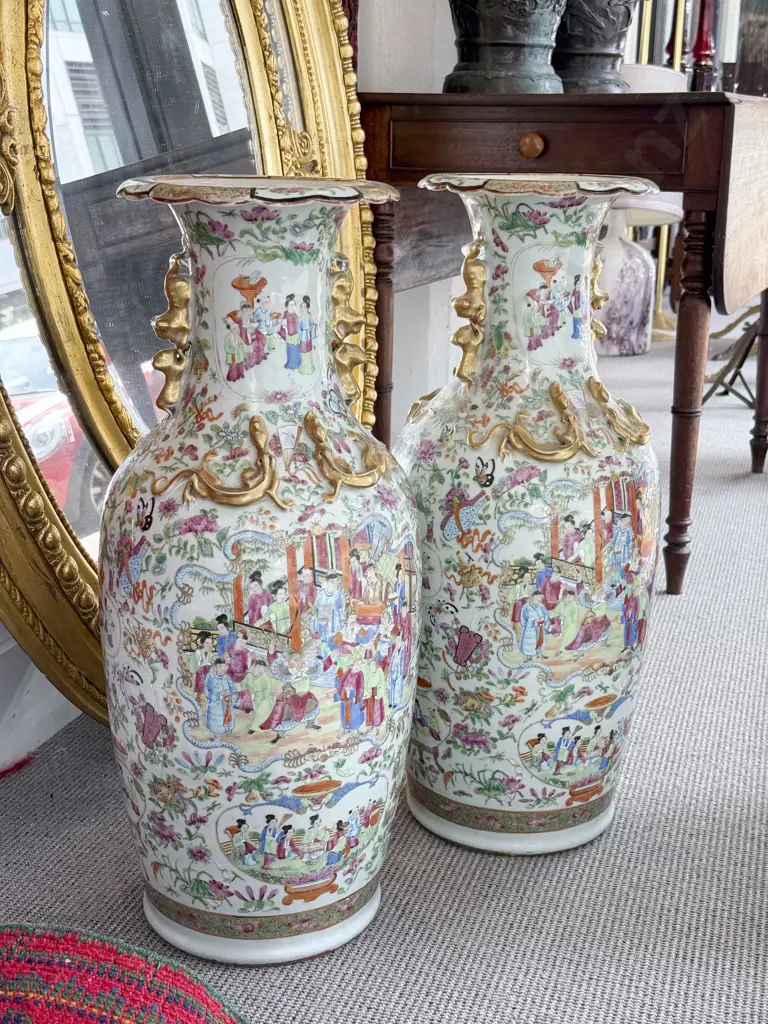 Large Pair C19th Cantonese Famille Rose Export Ware Vases Image 1++