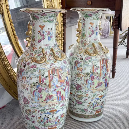 Large Pair C19th Cantonese Famille Rose Export Ware Vases