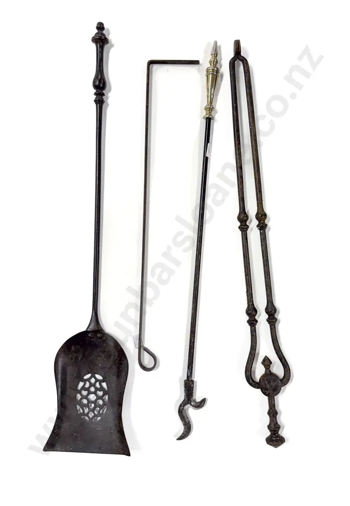 Three Antique Steel Fire Irons & Metal Bracket Image 1++