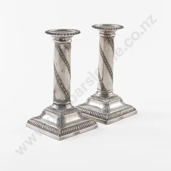 Pair Late Vict S/S Column Candlesticks
