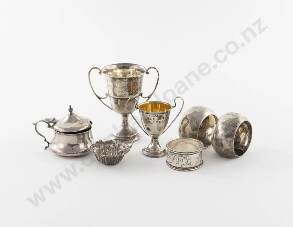 3 S/S Napkin Rings, 2 Small Prize Cups, Mustard Pot & Miniature Basket Image 1++