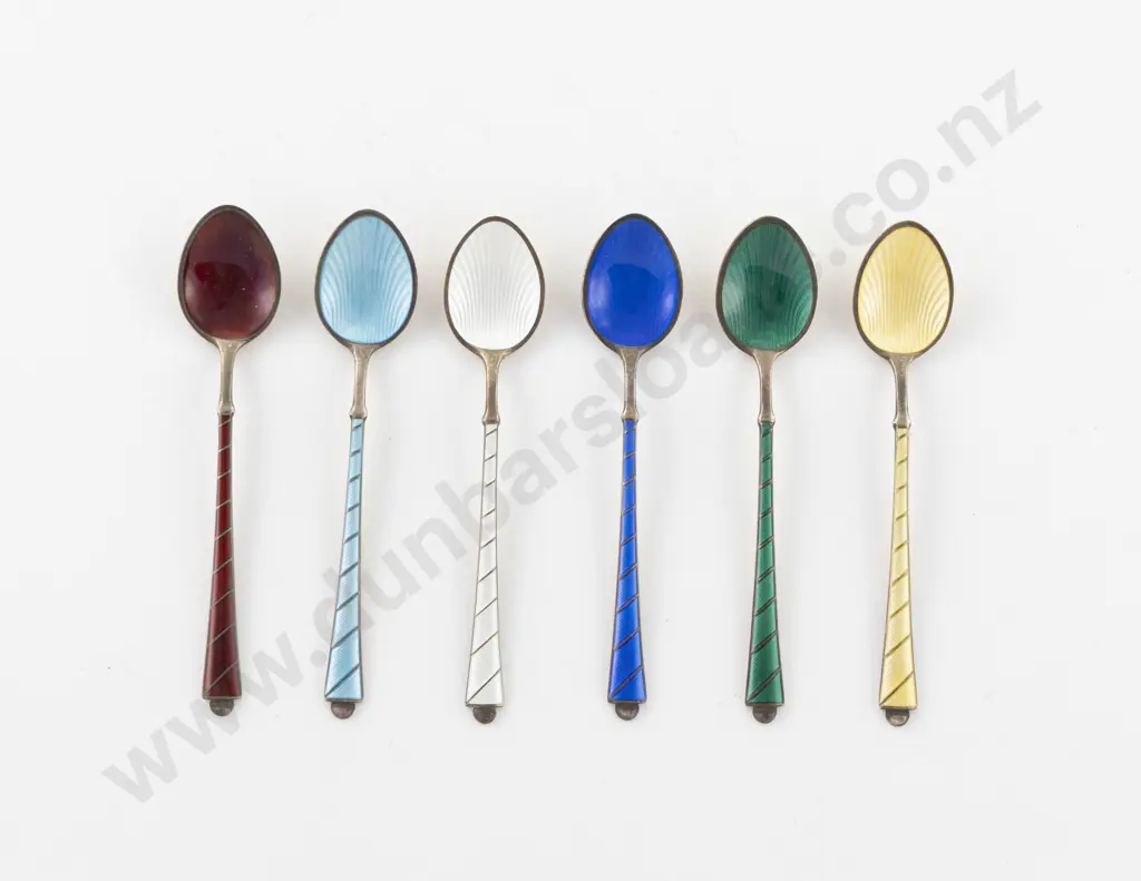 Set Six Denmark 925 Silver and Enamelled Coffee Spoons Image 1++