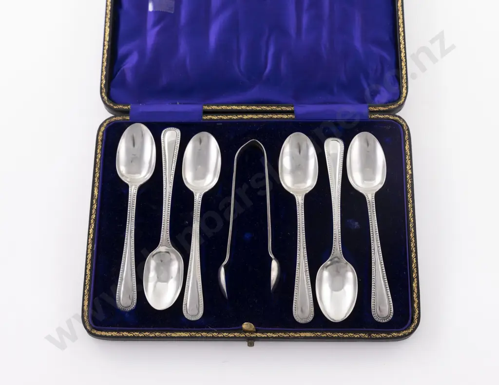 Cased Set 6 Late Vict S/S Teaspoons & Tongs Image 1++