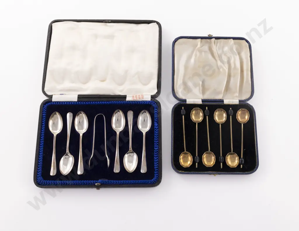 Cased Set Of 6 Geo V S/S Teaspoons & Tongs Image 1++