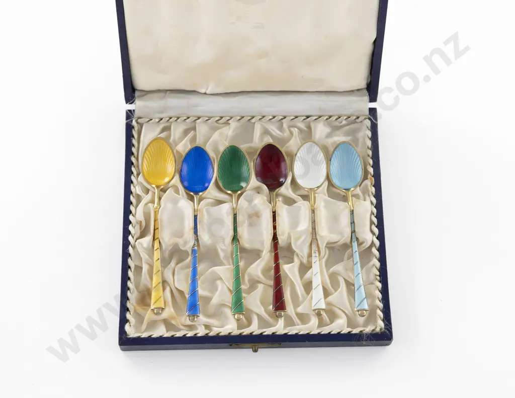 Cased Set Of 6 Danish S/S Gilt & Coloured Enamel Coffee Spoons Image 1++