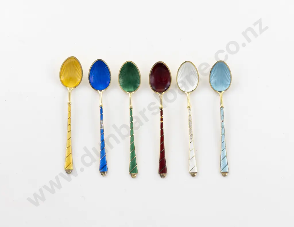 Cased Set Of 6 Danish S/S Gilt & Coloured Enamel Coffee Spoons Image 1++