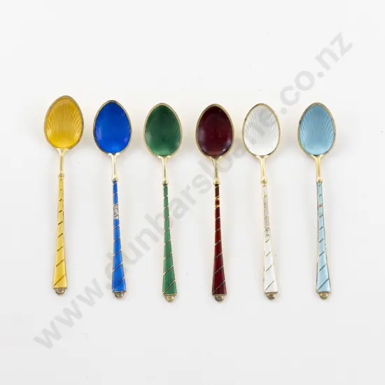 Cased Set Of 6 Danish S/S Gilt & Coloured Enamel Coffee Spoons