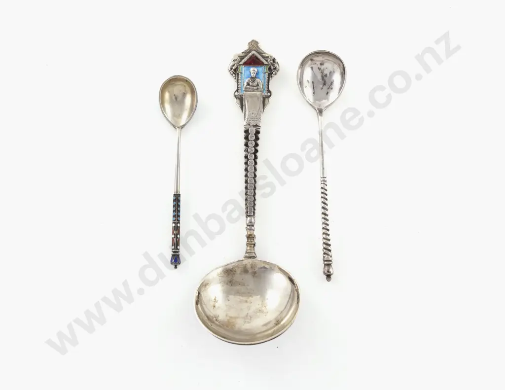 Attractive Unmarked European Silver & Enamel Serving Spoon Image 1++