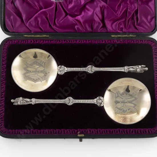 Cased Pair Vict S/S Gilt Apostle Top Serving Spoons