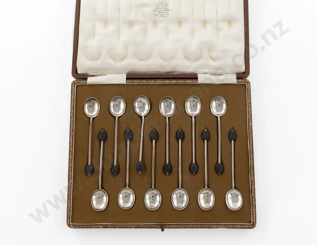 Cased Set Of 12 Geo V S/S Bean Top Coffee Spoons Image 1++