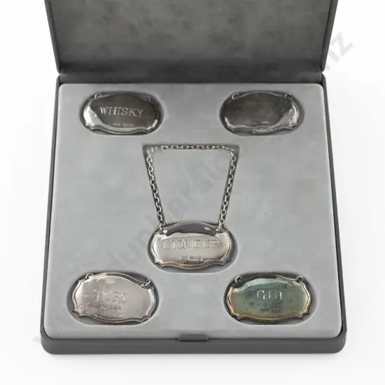 QEII Cased Set Of 5 S/S Decanter Labels