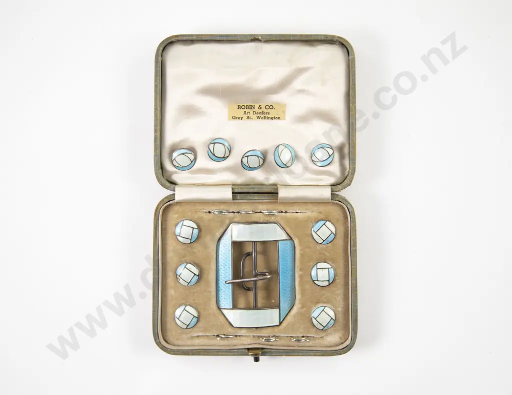 Cased Art Deco Sterling and Enamel Buckle with Set Six Matching Buttons and Five Image 1++