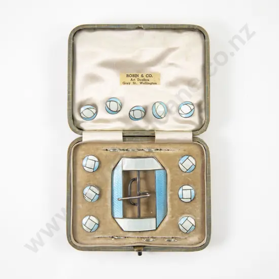 Cased Art Deco Sterling and Enamel Buckle with Set Six Matching Buttons and Five