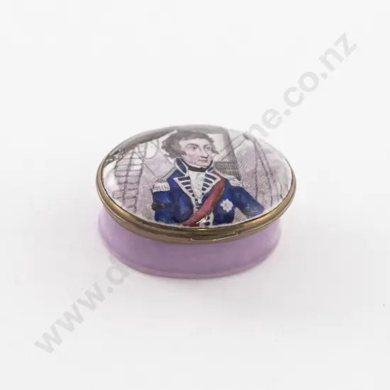 C19th Bilston Enamel Patch Box Painted with Portrait of Admiral Nelson