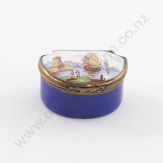 C19th Bilston Enamel Patch Box Painted with Harbour of Tall Ships