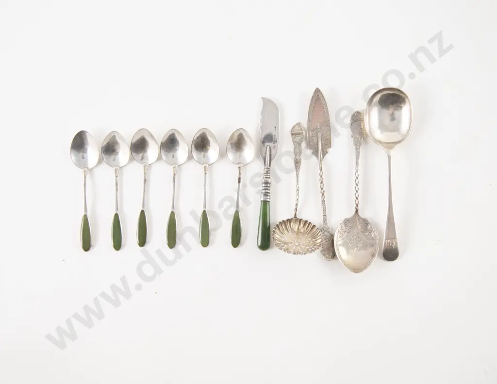 NZ Greenstone and Silver Butter Knife Six Coffee Spoons Image 1++