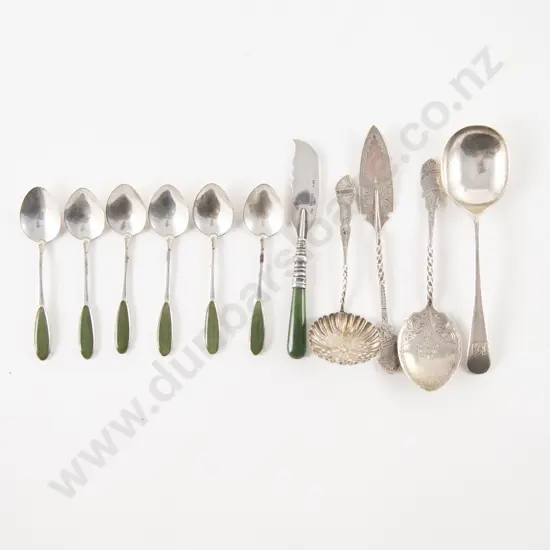 NZ Greenstone and Silver Butter Knife Six Coffee Spoons