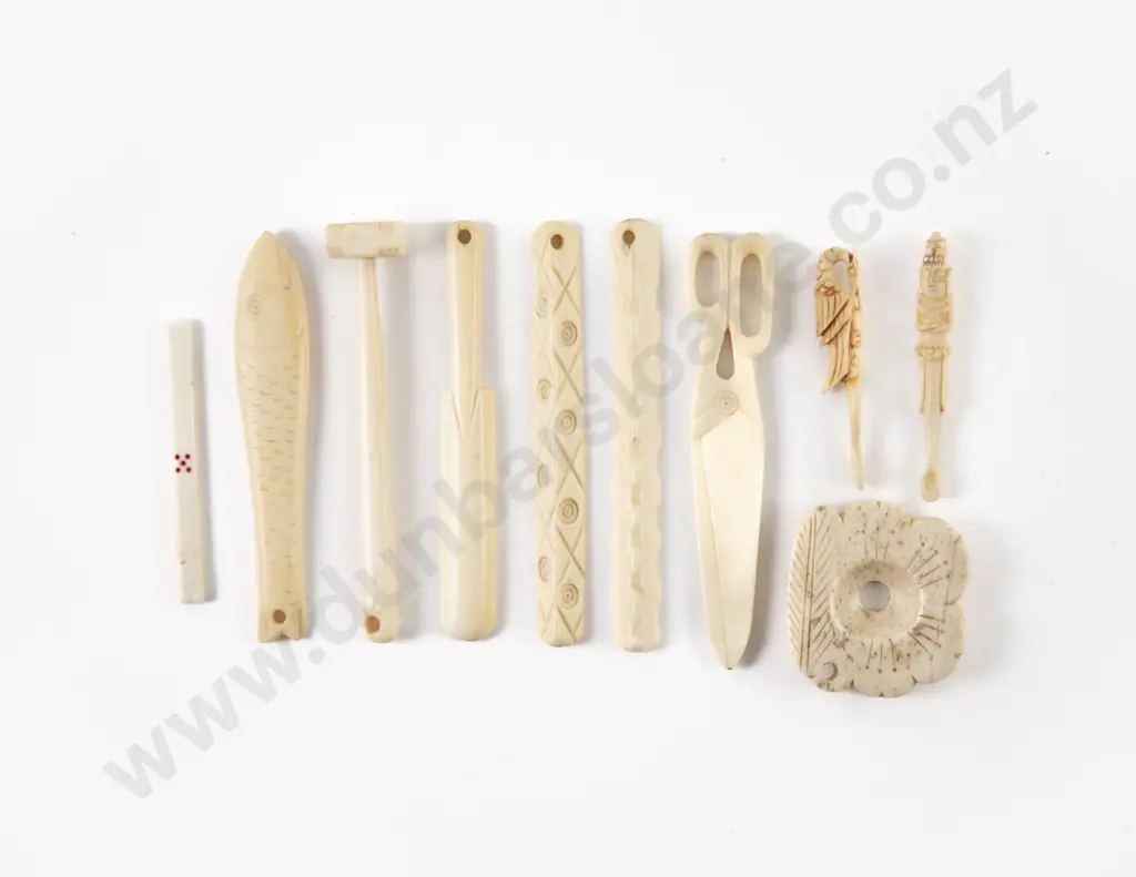 Seven Carved Ivory Implement Pendants with Two Opium Spoons Image 1++
